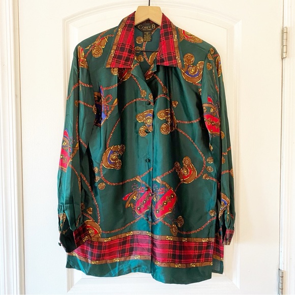Corey B Tops - Vintage COREY B 100% Silk Button Up Shoulder Padded Blouse Christmas Colors